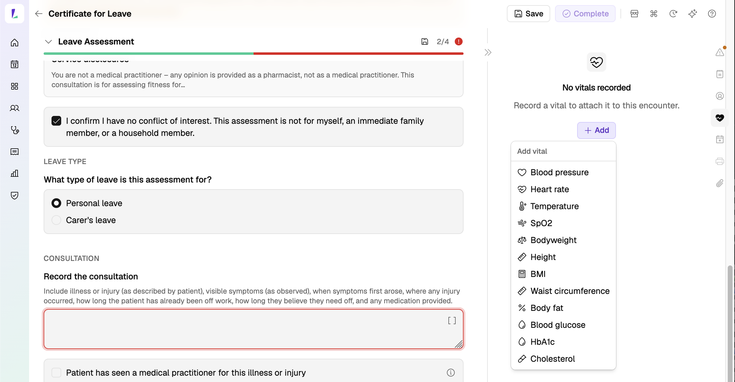 Recording a vital during a Certificate for Leave assessment, attaching it to the encounter