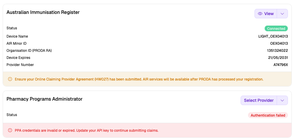 Integrations page showing AIR connected status and PPA error message