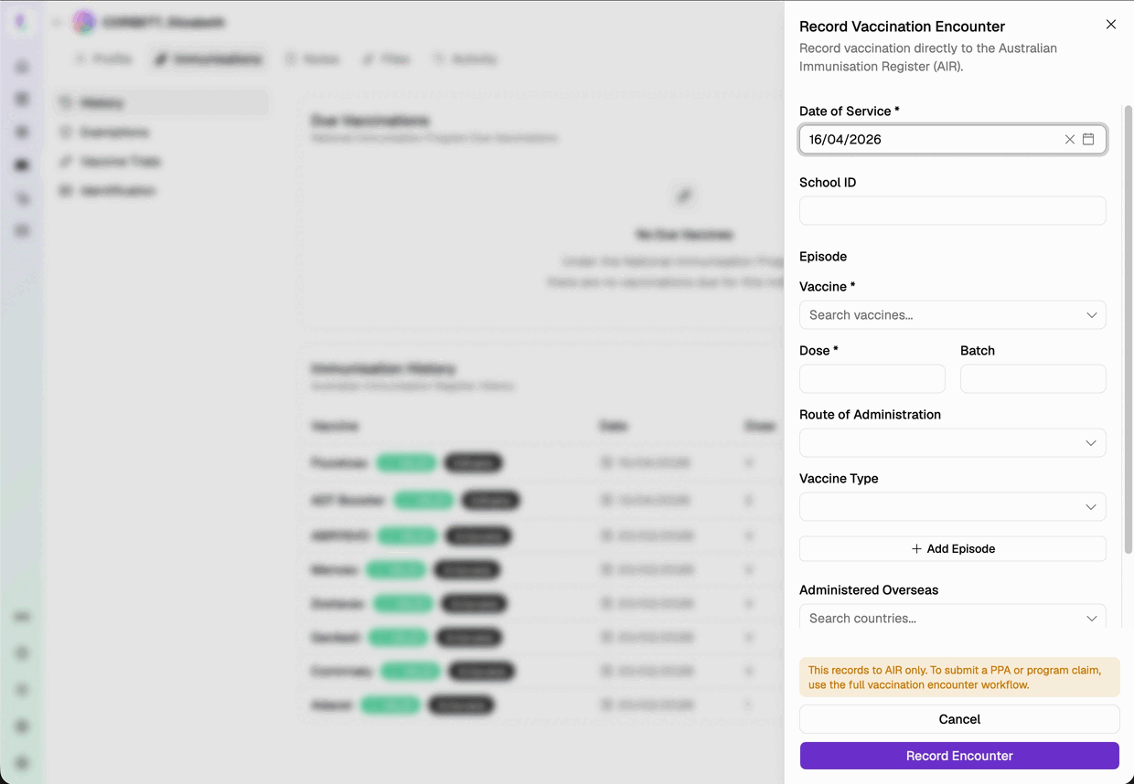 Reminder shown when adding a vaccination from a customer's immunisation history