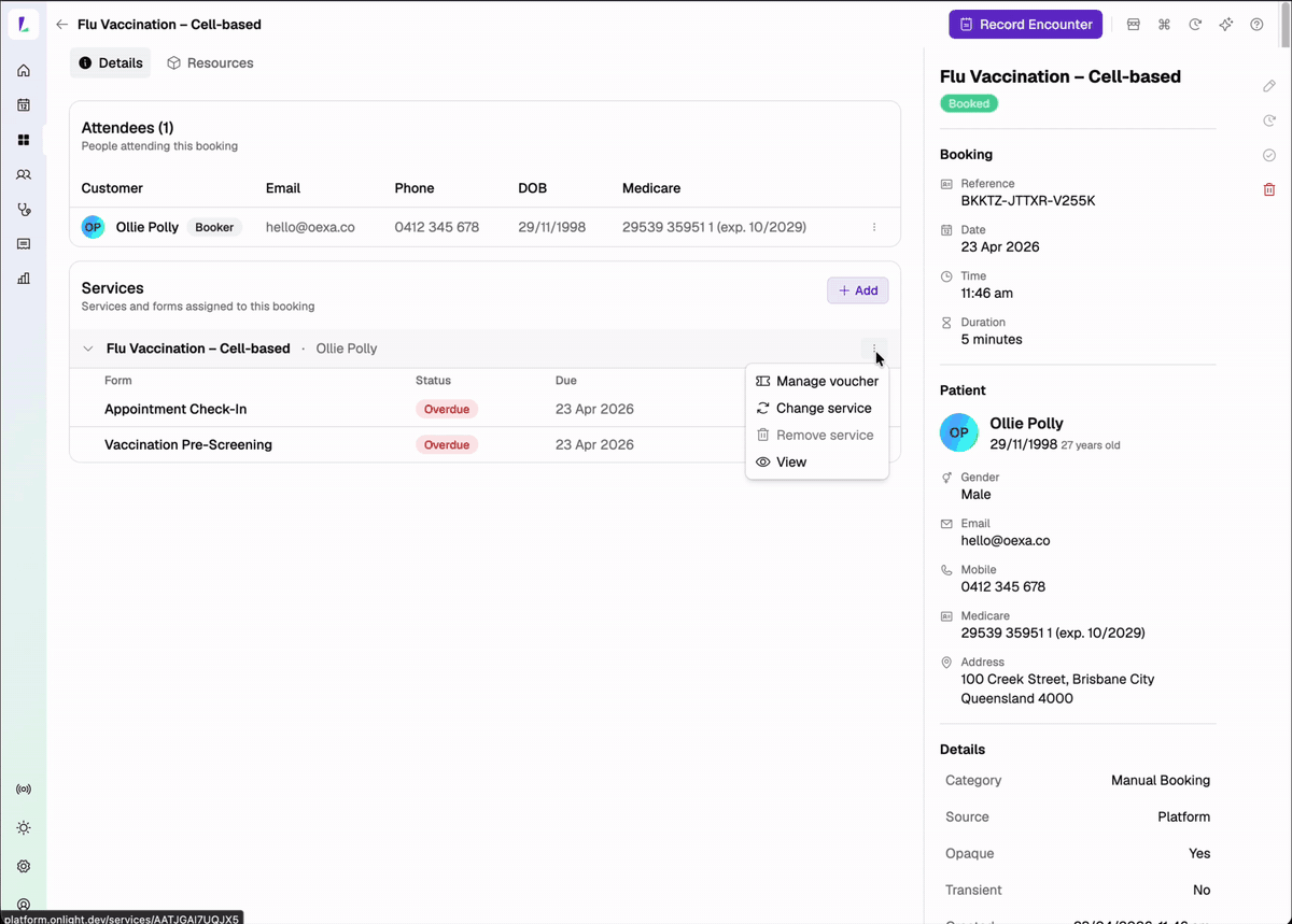 Changing a service on an existing booking from the booking detail page