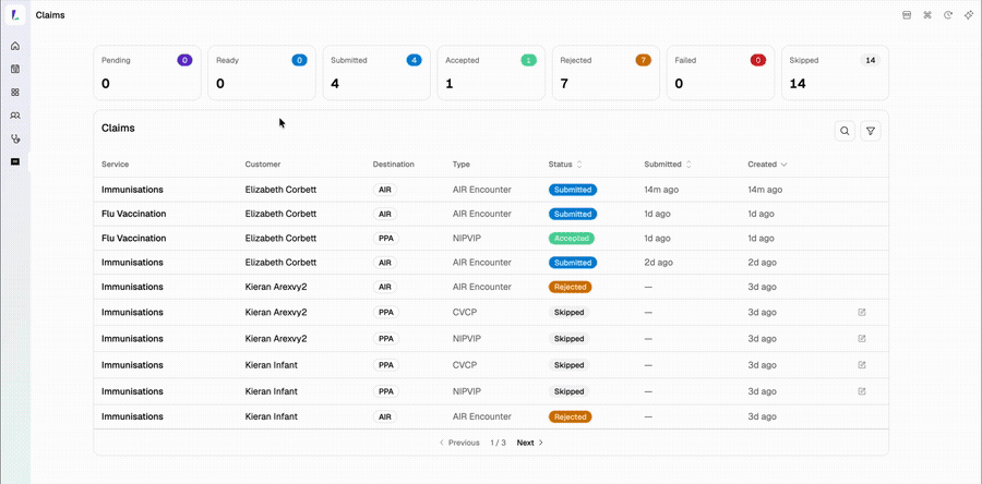 Updated claims screen with date filters, status cards, and pagination