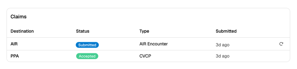 Claims card showing claim type column on the service detail page