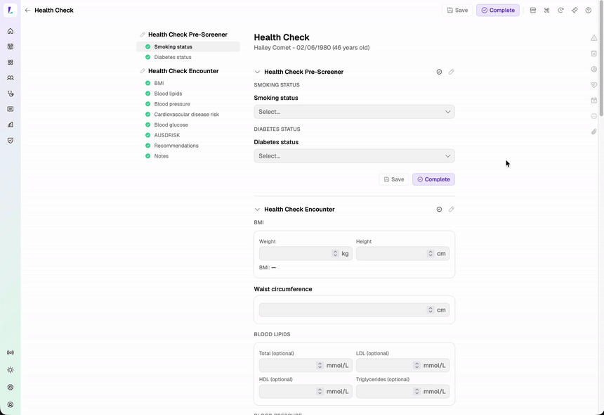 Completing a Health Check assessment capturing vitals and risk scores in a single encounter