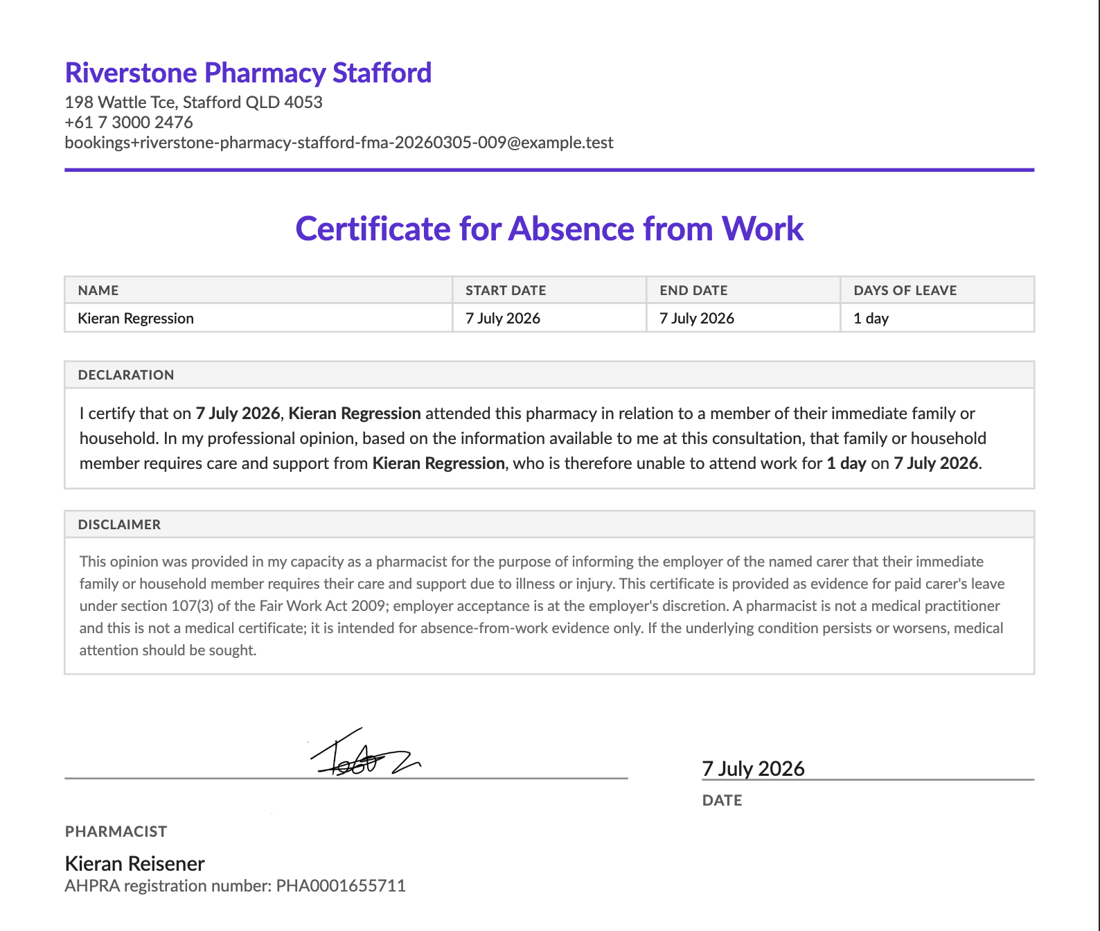 Redesigned absence-from-work certificate on a single page with digital signature and group branding