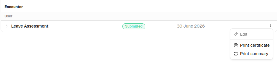 Printing a leave certificate or summary from the three-dot menu on a completed Leave Assessment on the service page
