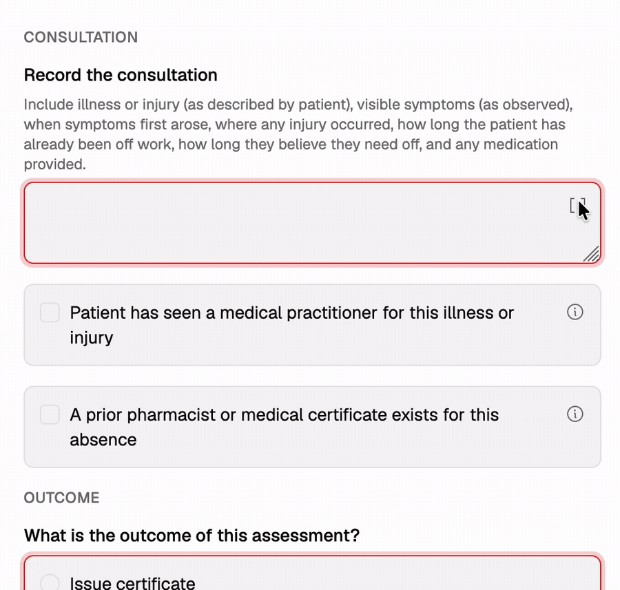 Recording a leave assessment to issue an absence-from-work certificate, using consultation templates and outcome options