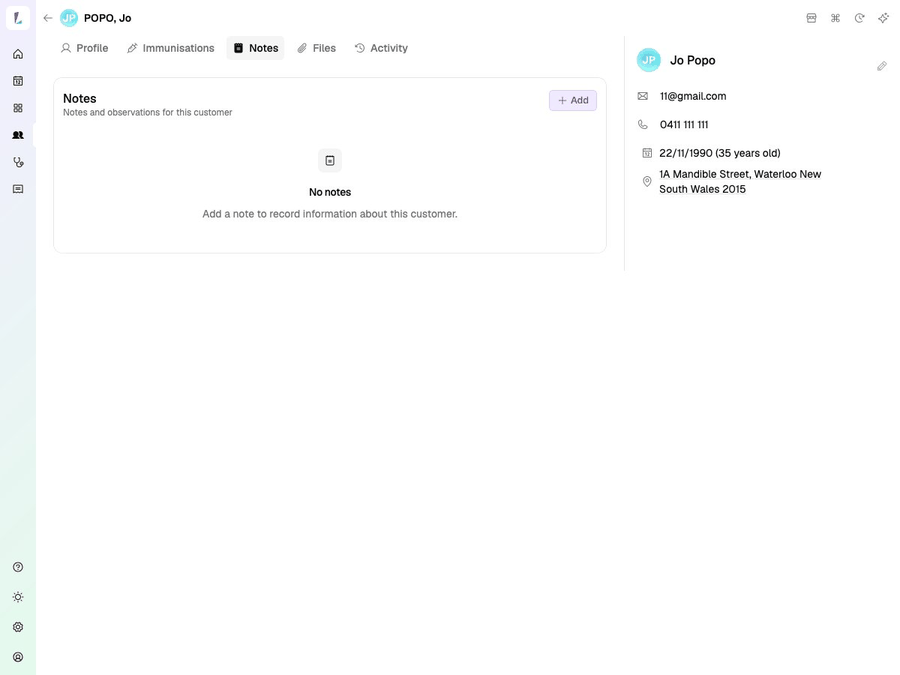 Customer service notes — Notes tab on a customer profile