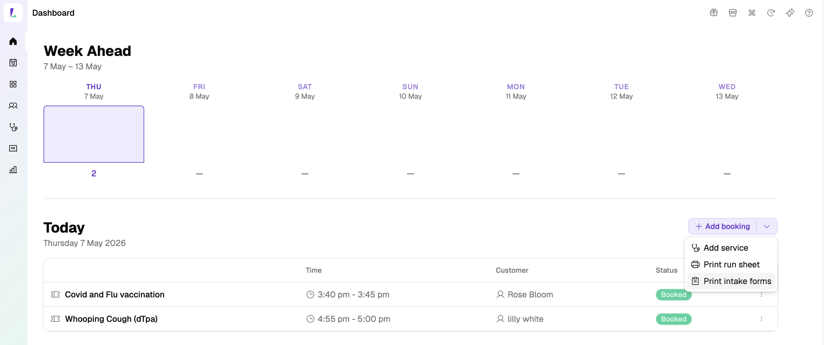 Bulk-printing prescreeners from the Dashboard, pre-filled with each booking's customer details