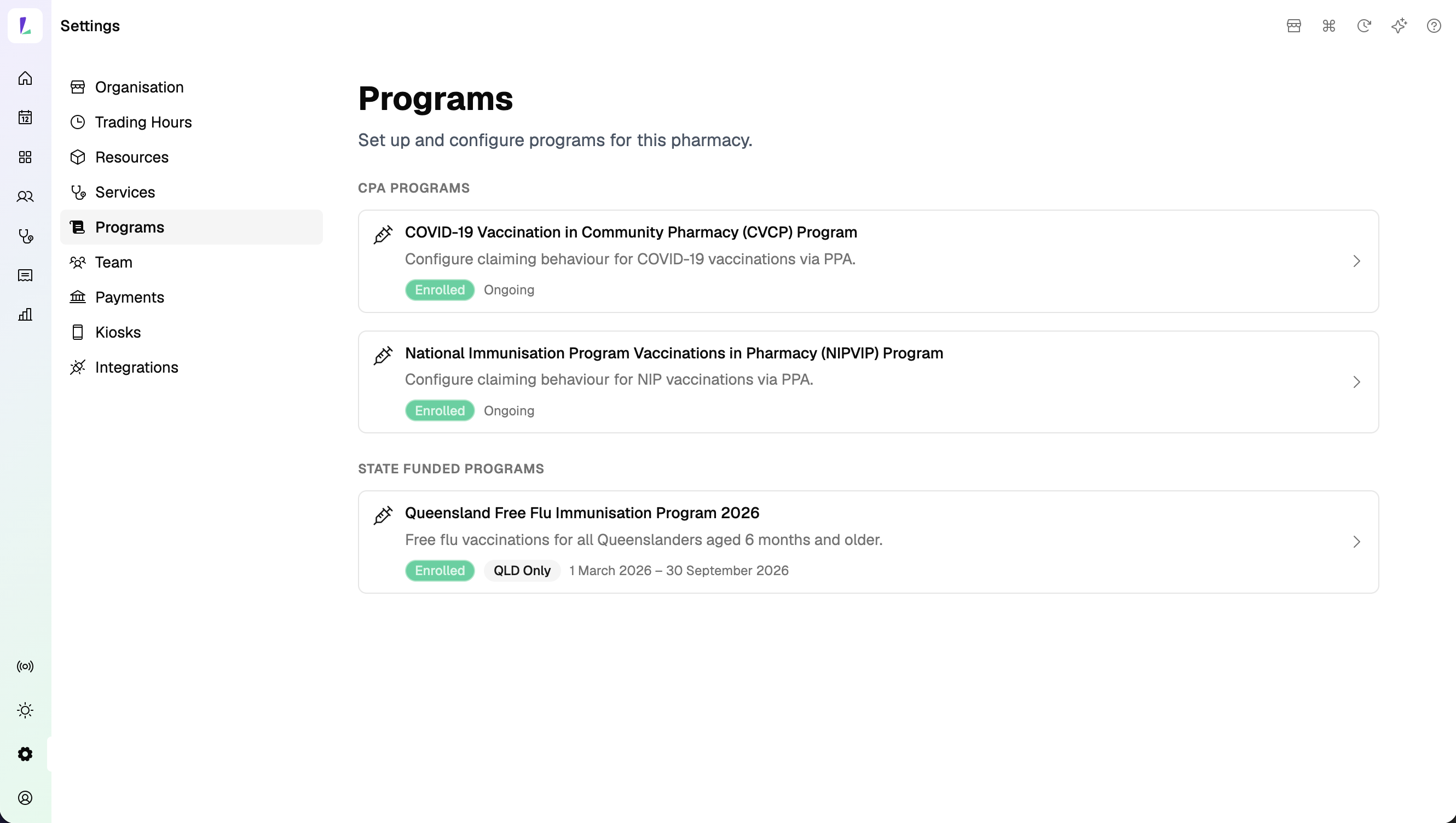 Programs settings showing the master automated claims agreement