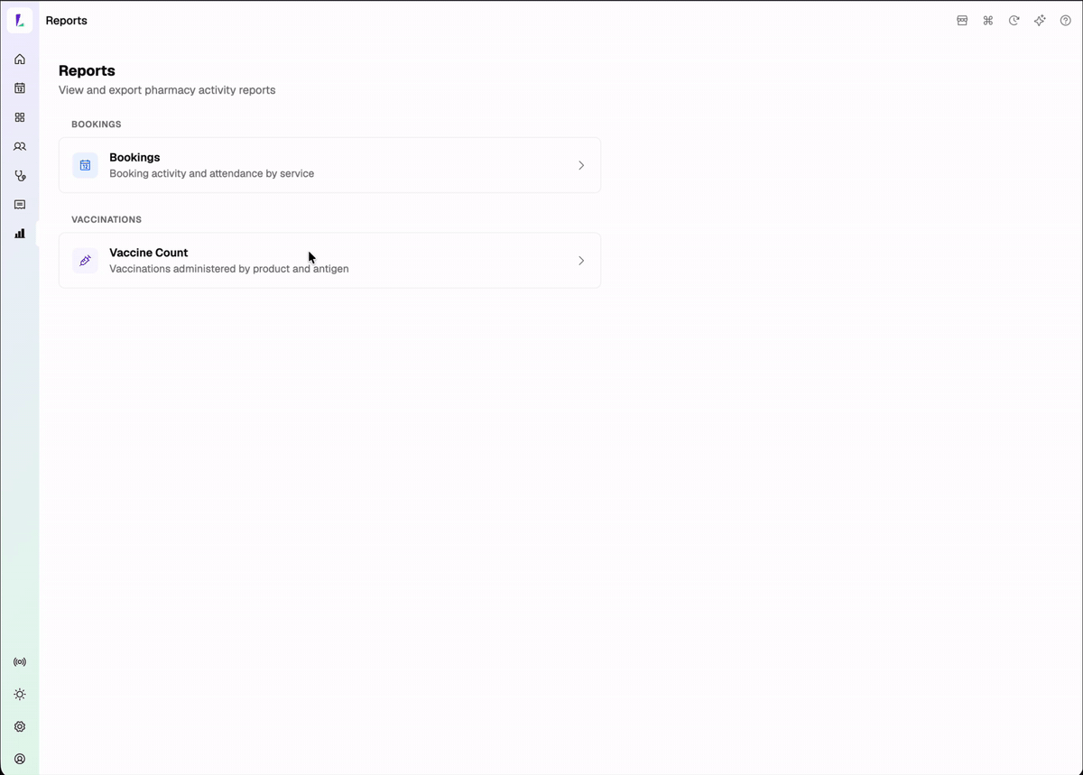 Vaccine Count report grouped by antigen across a selected date range