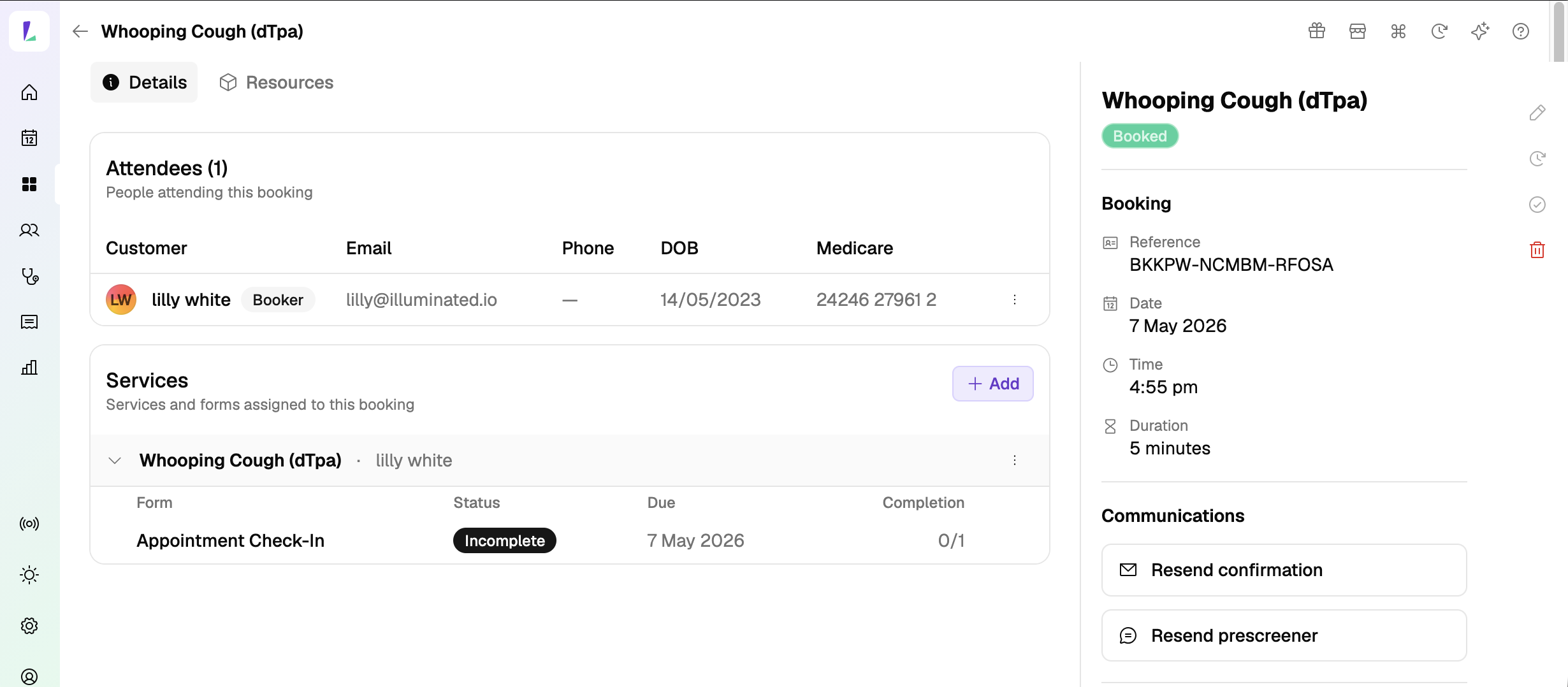 Resending a booking confirmation or prescreener from the booking detail page