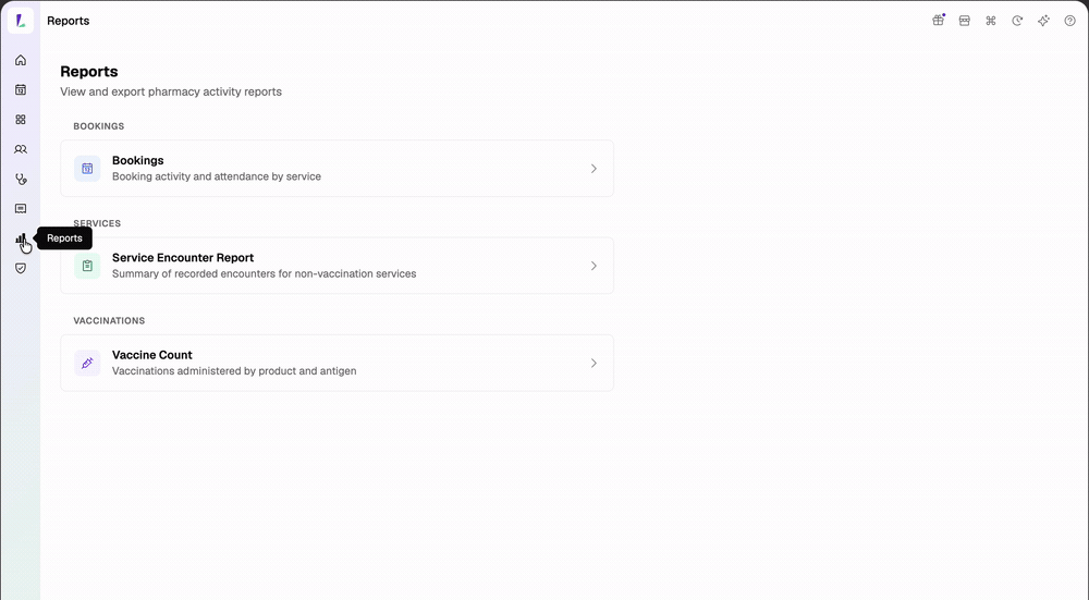 Service Encounter Report showing completed service counts with a per-service filtered list