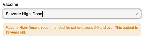 Eligibility warning shown when a patient's age falls outside the recommended range for a selected vaccine