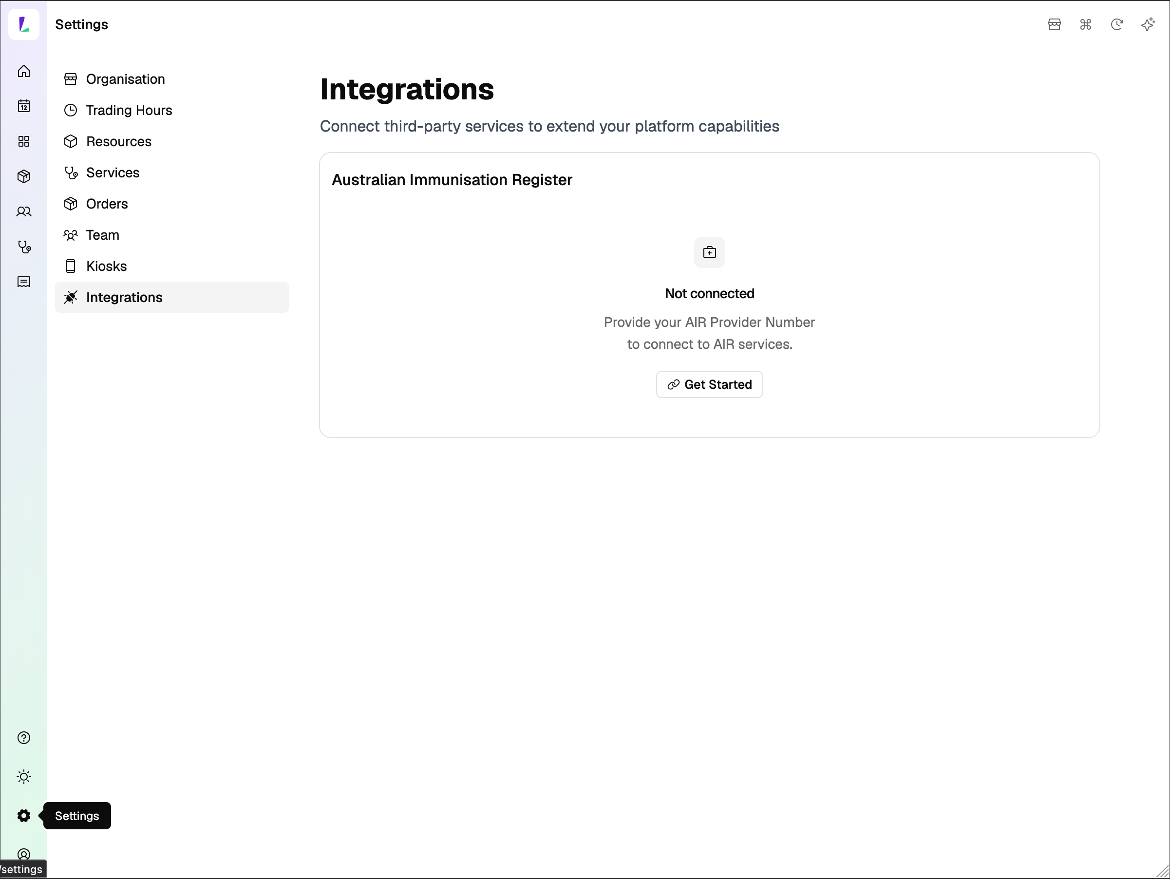 Settings — Integrations page, AIR not connected
