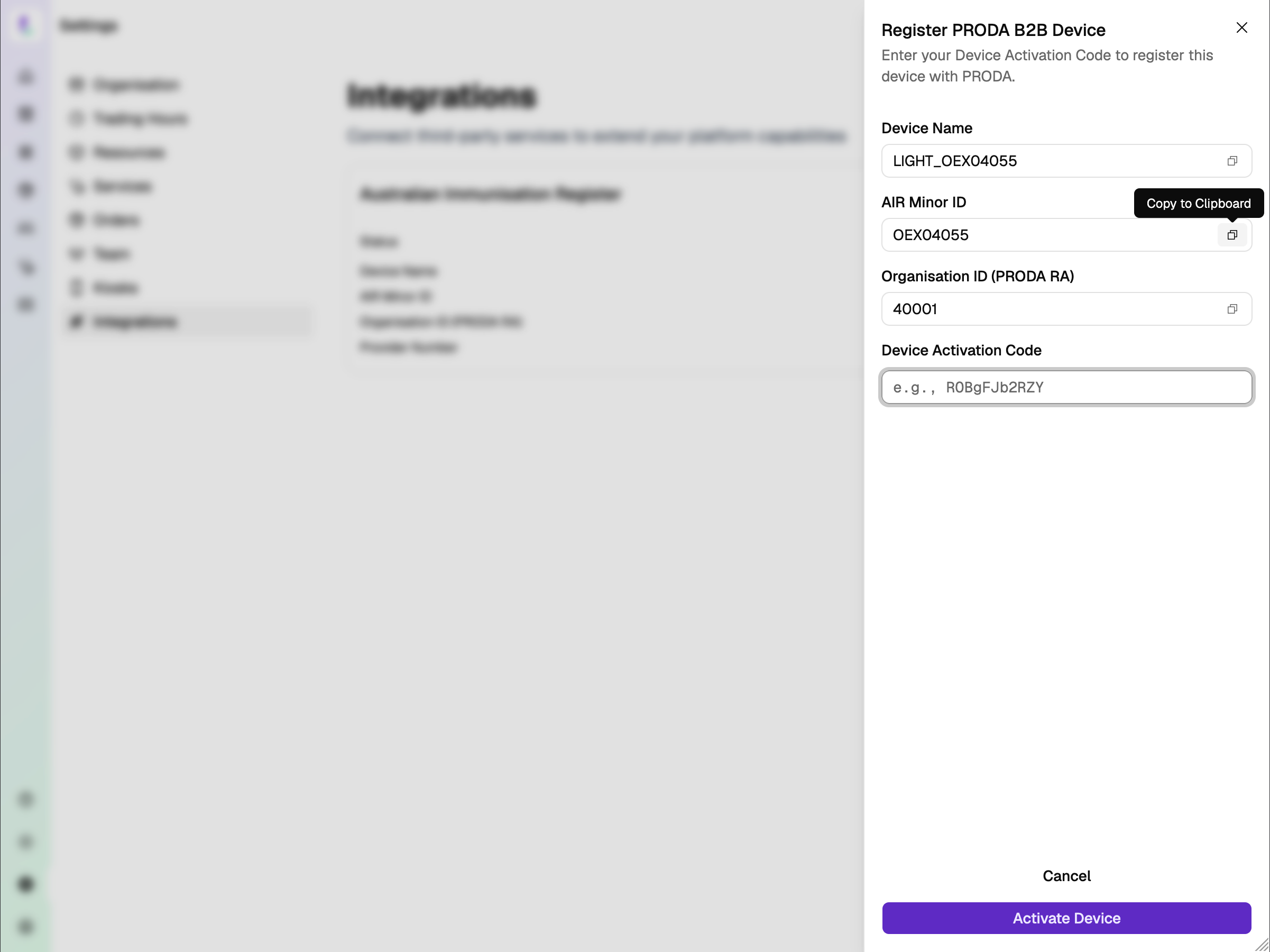 Register PRODA B2B Device modal