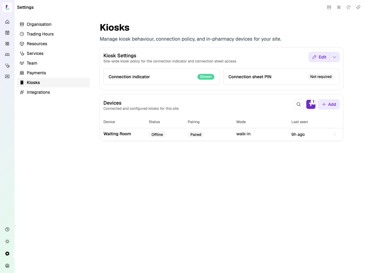 Settings — Kiosks page with device list and Add button