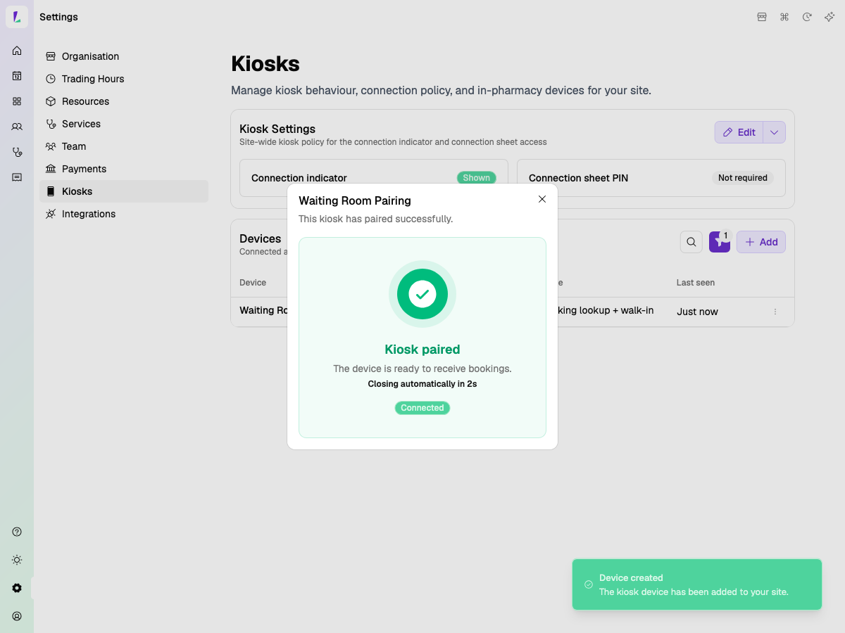 Kiosk paired successfully — Connected status