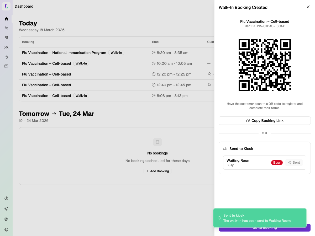 Walk-in booking created — QR code and Send to Kiosk