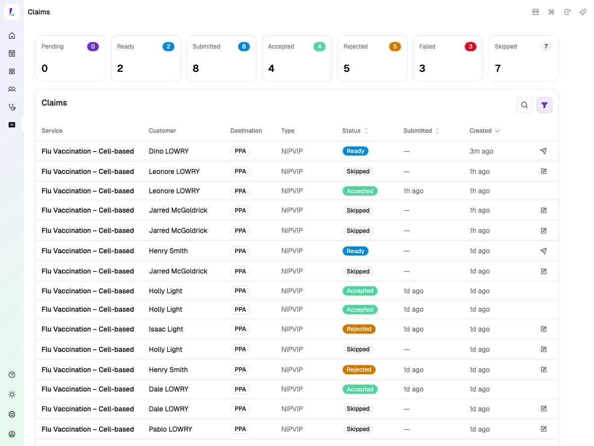 Claims dashboard with status filters