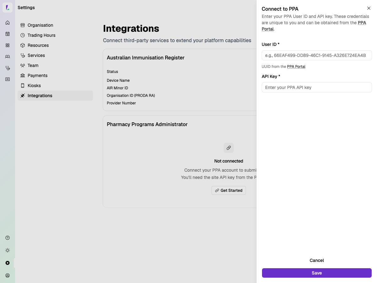Connect to PPA drawer — User ID and API Key fields