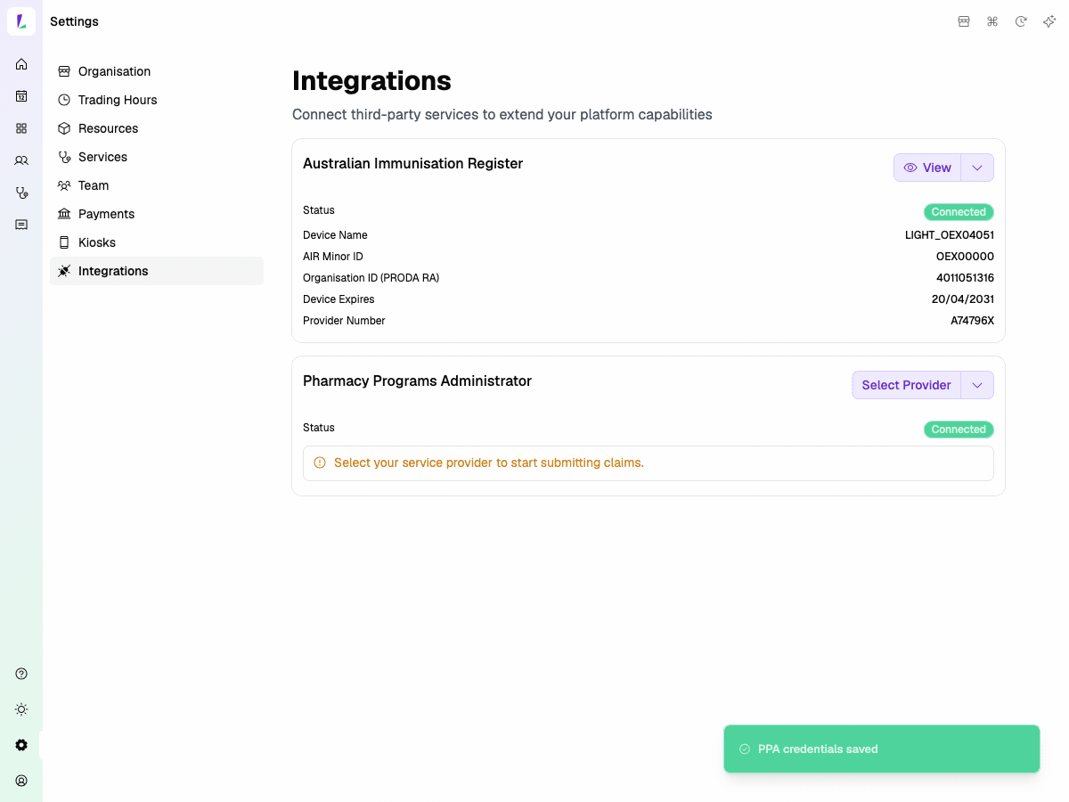 Select service provider and connected confirmation